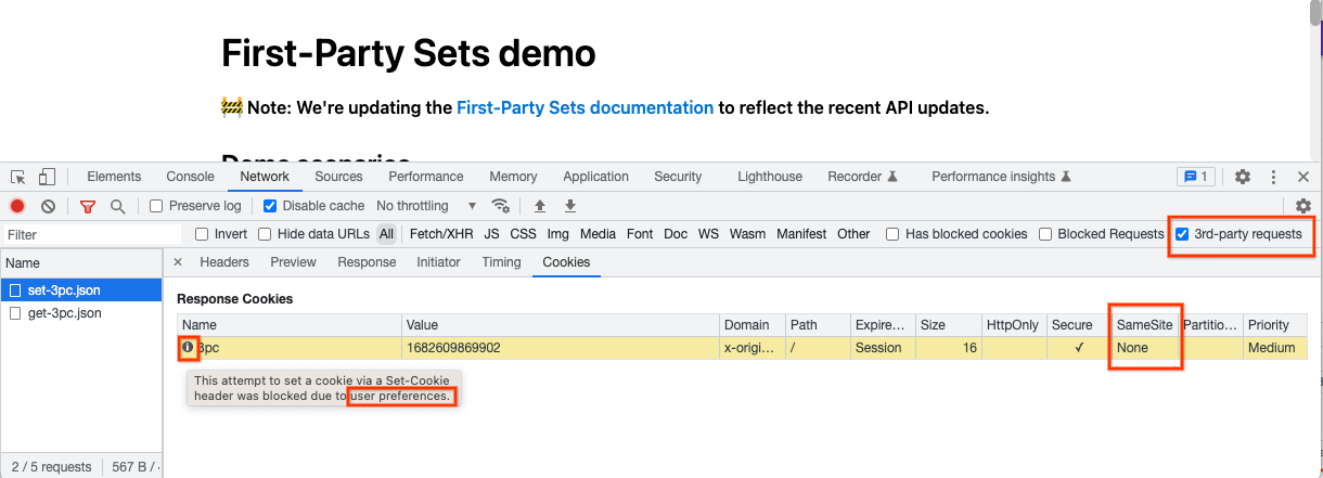Third-party cookie blocked for a response